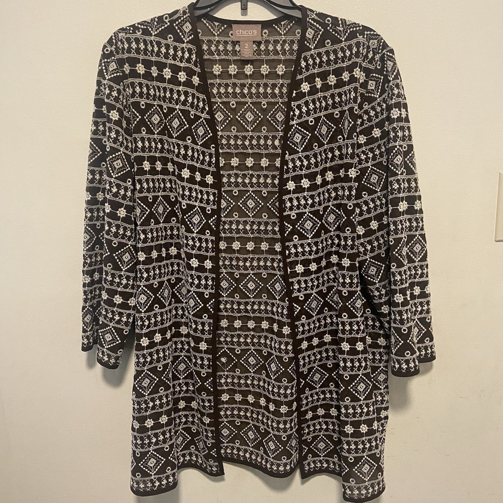 Chico's Women's Open Front Cardigan Size Large Sheer Embroidered Flowy  Coastal